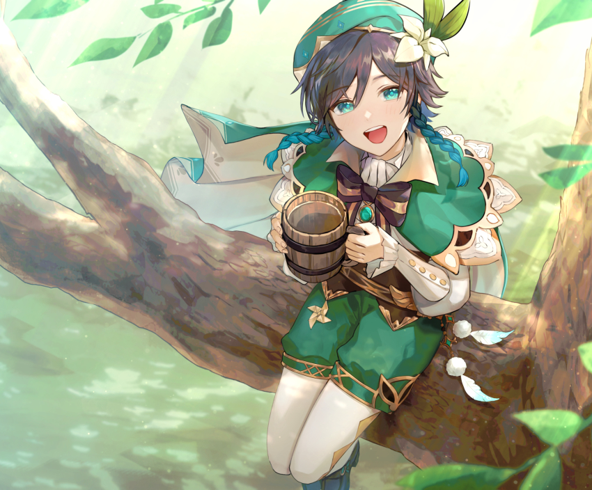 1boy, :d, androgynous, aqua_eyes, beer_mug, braid, branch, buttons, capelet, corset, cup, feathers, flower, from_above, genshin_impact, gradient_hair, hair_flower, hair_ornament, highres, leaf, legs_together, looking_up, mug, multicolored_hair, open_mouth, pantyhose, penguu_(green528), sitting, smile, solo, trap, twin_braids, venti_(genshin_impact), white_pantyhose, wind