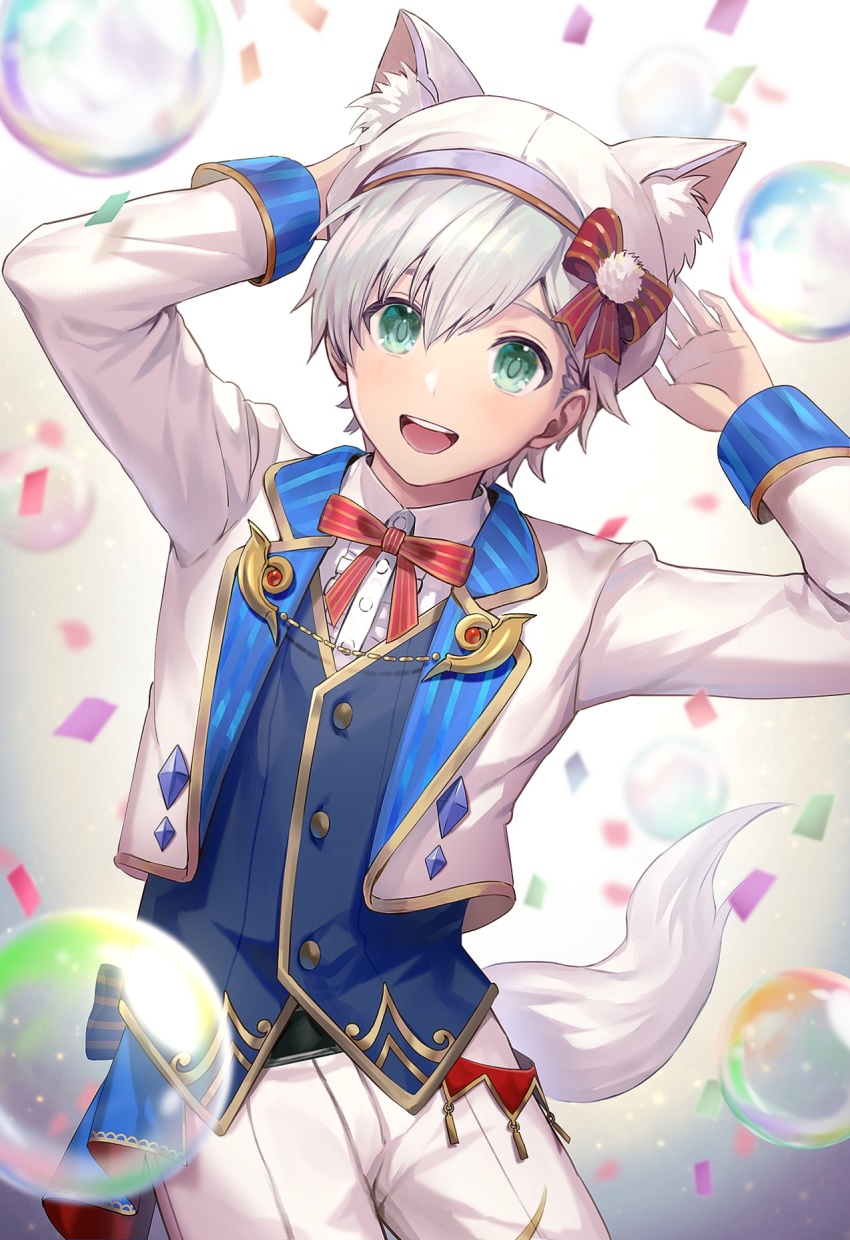 1boy, :d, animal_ears, belt, bow, bubble, chain, confetti