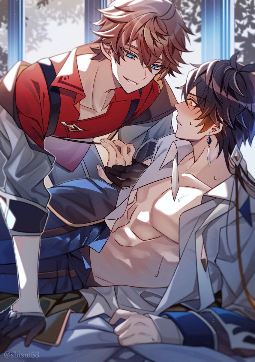 2boys, abs, absurdres, antenna_hair, black_gloves, blue_eyes, blush, brown_hair