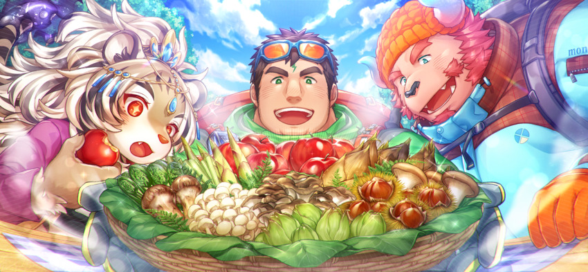 +_+, 1girl, 2boys, animal_ears, apple, bamboo_shoot, blue-framed_eyewear, blue_jacket