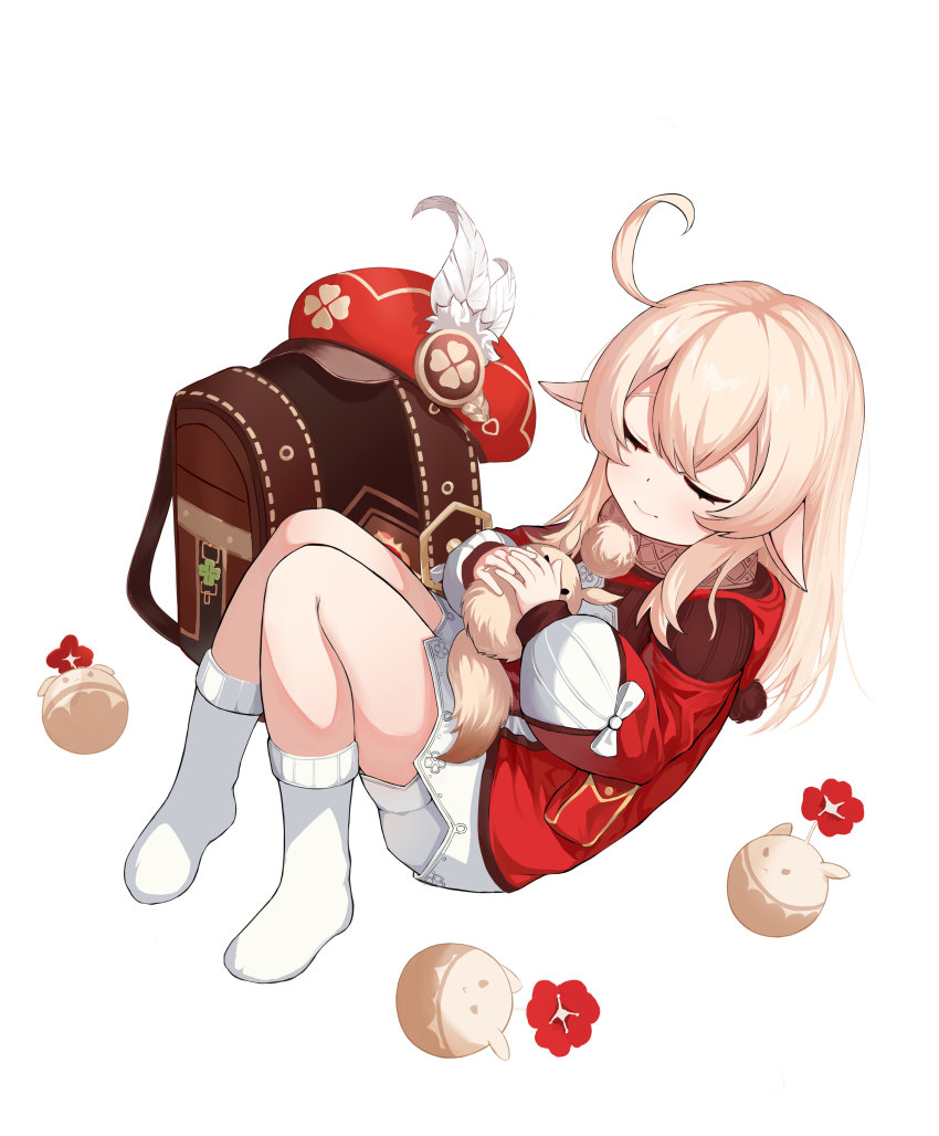 1girl, absurdres, backpack, bag, blonde_hair, brown_bag, newsboy_cap, closed_eyes