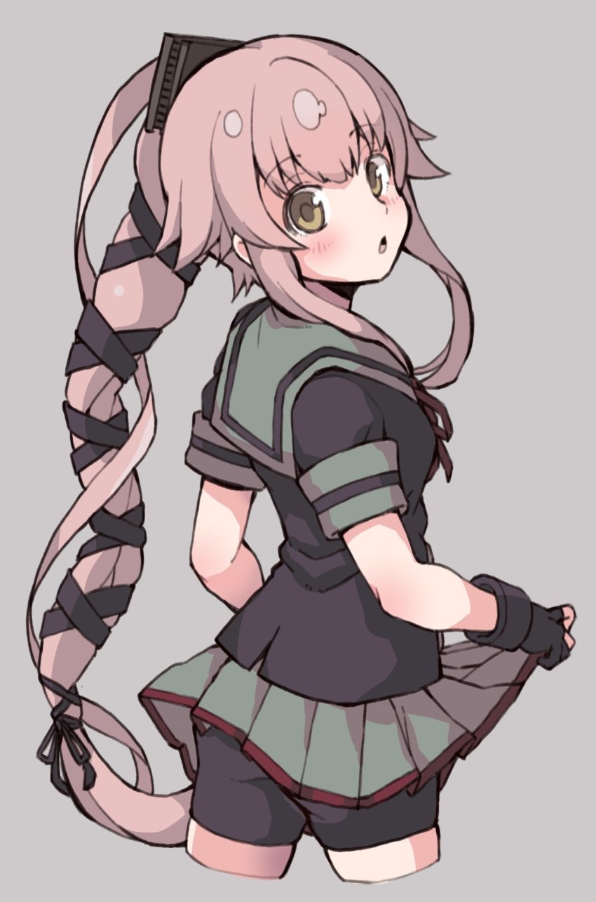 1girl, ass, black_gloves, black_jacket, brown_eyes, chestnut_mouth, cowboy_shot, cropped_legs