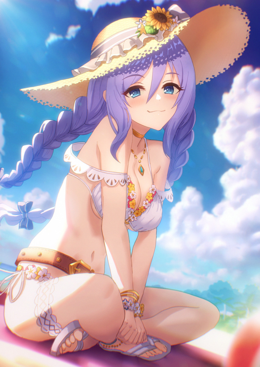 beach, belt, bikini, blue_eyes, bracelet, breasts, brown_belt, choker