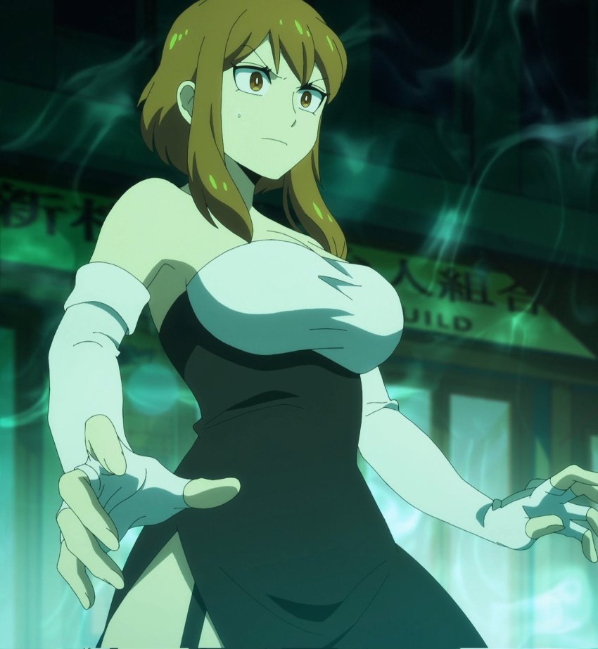 1girl, bare_shoulders, breasts, cleavage, elbow_gloves, fingerless_gloves, gloves, highres, kyuuketsuki_sugu_shinu, large_breasts, maria_(kyuuketsuki_sugu_shinu), side_slit, solo, stitched, third-party_edit