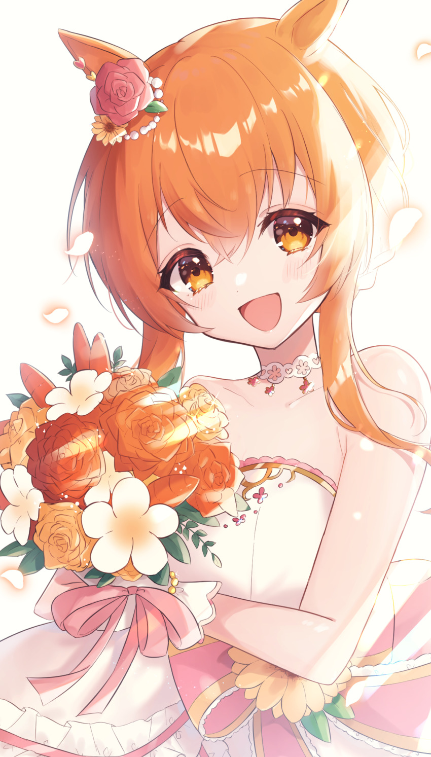 1girl, :d, akuo_11, animal_ears, blush, bouquet, bow, choker