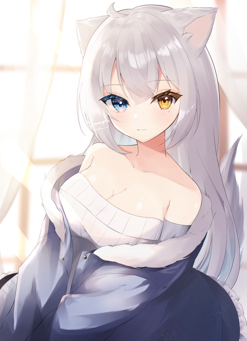 1girl, :3, absurdres, akuo_11, animal_ears, blue_eyes, blush, breasts