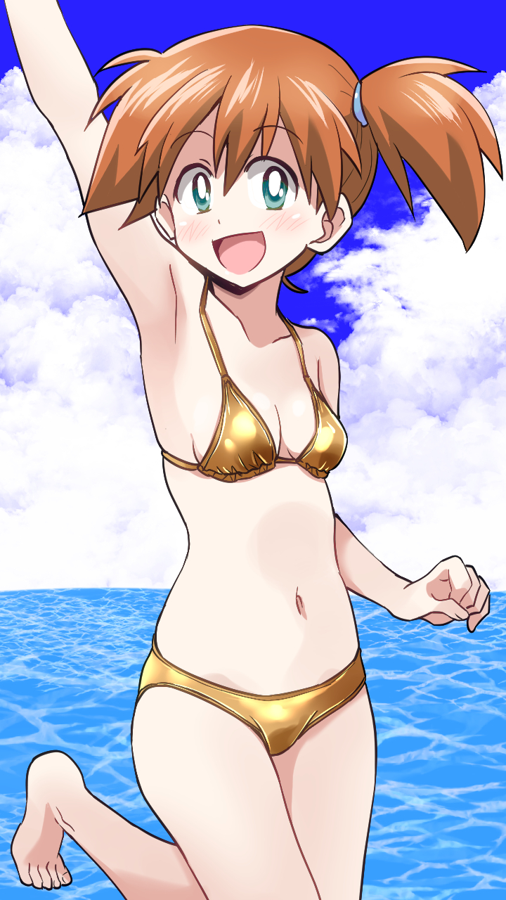 1girl, armpits, arms_up, bikini, breasts, eyelashes, gen_1_pokemon, green_eyes, hair_tie, highres, legs, midriff, misty_(pokemon), navel, nintendo, orange_hair, pokemon, pokemon_red/green/blue/yellow, ponytail, ponzu_rui, smile, swimsuit, thighs