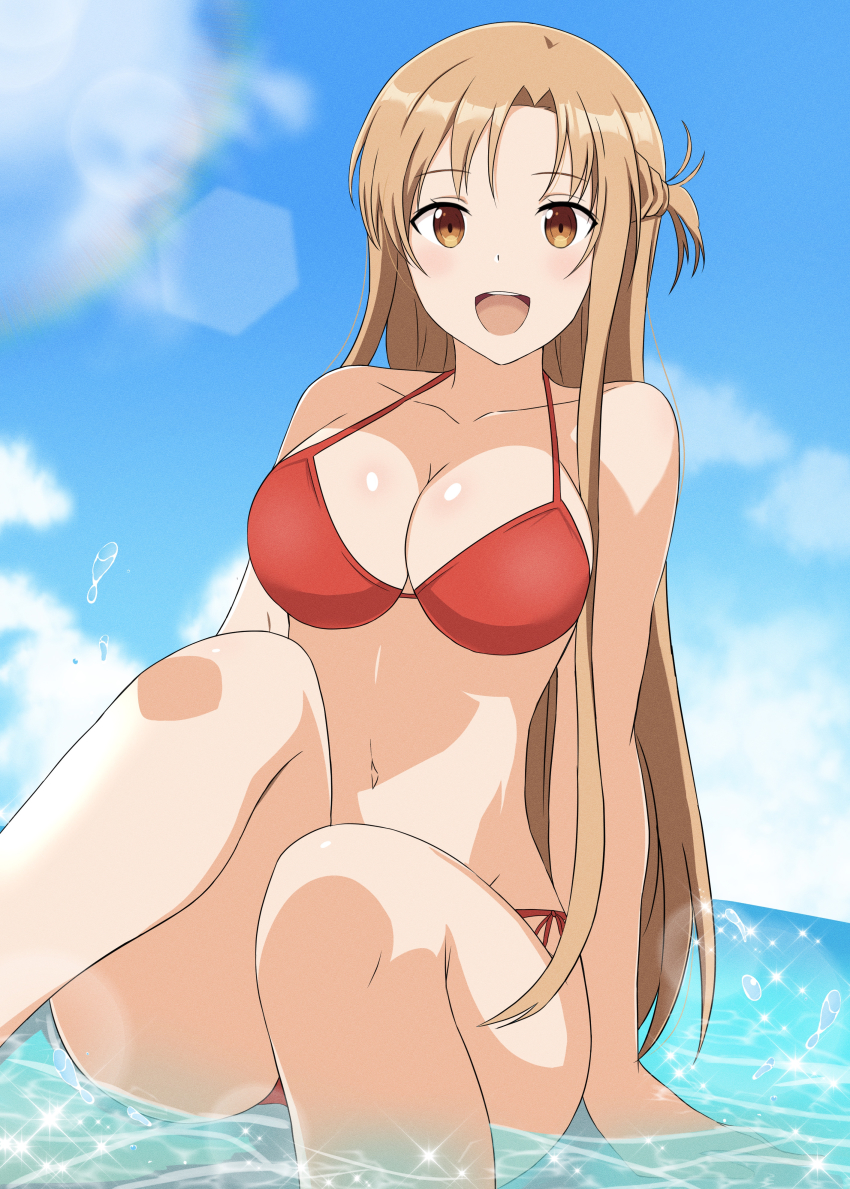 1girl, absurdres, asuna_(sao), bikini, blonde_hair, braid, breasts, daichi777zz