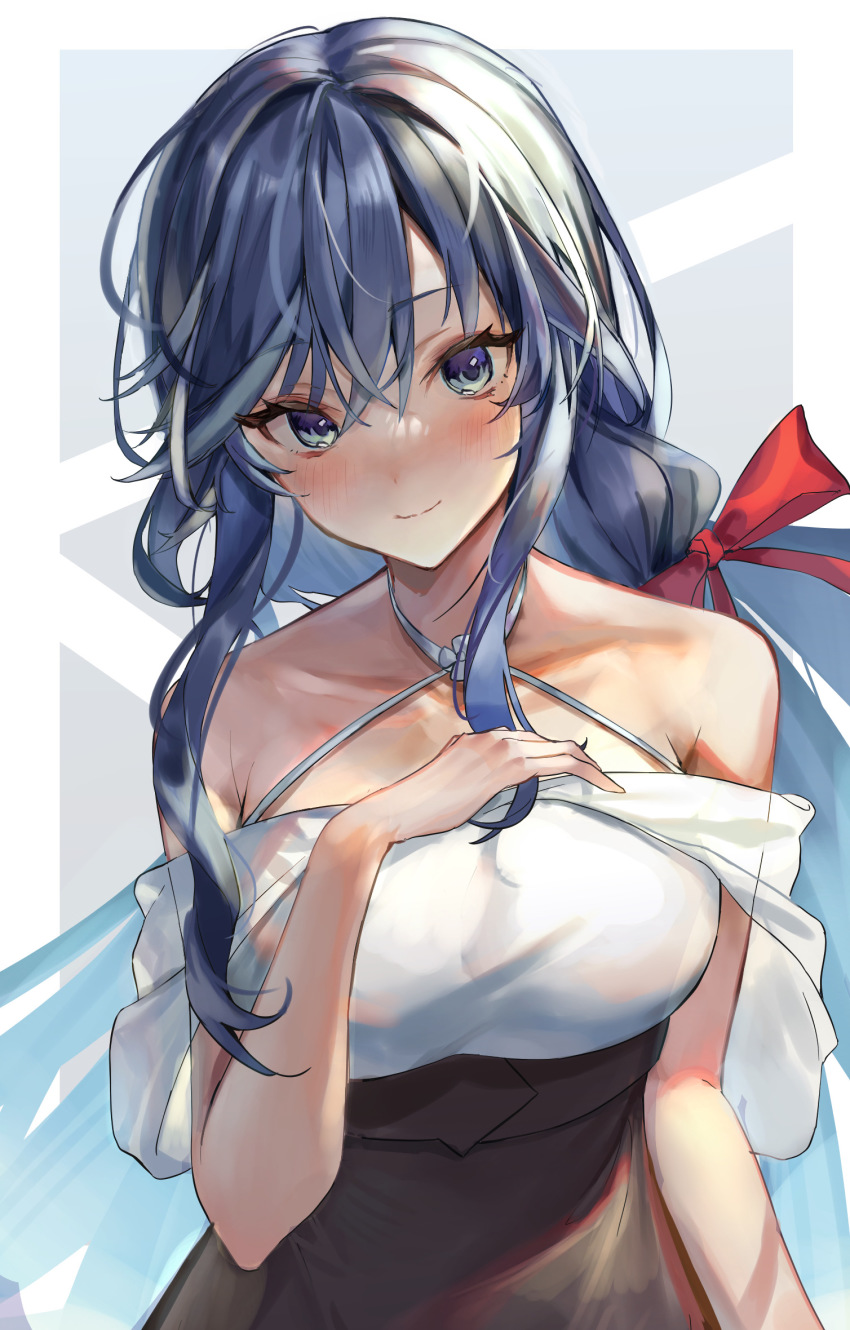 1girl, azur_lane, bare_shoulders, biloxi_(azur_lane), biloxi_(romeo_or_juliet?)_(azur_lane), blue_eyes, blue_hair, breasts, halterneck, highres, kabi_(zcwd8845), large_breasts, looking_at_viewer, off_shoulder, official_alternate_costume, sidelocks, simple_background, upper_body