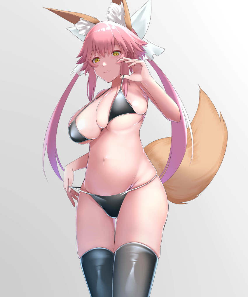 1girl, absurdres, animal_ear_fluff, animal_ears, bikini, black_bikini, blue_bow, bow