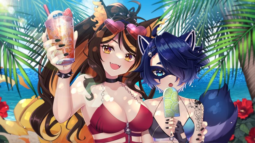 2girls, animal_ears, beach, bikini, blue_eyes, blue_hair, breasts, brown_hair, cleavage, cup, drinking_glass, drinking_straw, ewokaku335, fangs, food, hair_over_one_eye, highres, indie_virtual_youtuber, large_breasts, multicolored_hair, multiple_girls, orange_eyes, orange_hair, palm_tree, ponytail, popsicle, raccoon_ears, raccoon_girl, raccoon_tail, sinder_(vtuber), smile, snuffy_(vtuber), swimsuit, tail, tree, two-tone_hair, virtual_youtuber, water, wolf_ears, wolf_girl