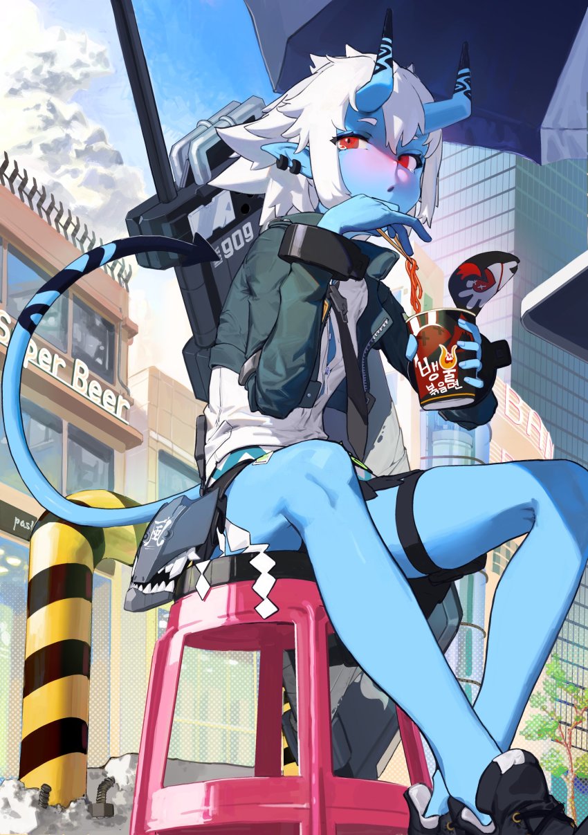 1girl, absurdres, bandages, bandaid, bandaid_on_leg, black_horns, black_necktie, black_shoes