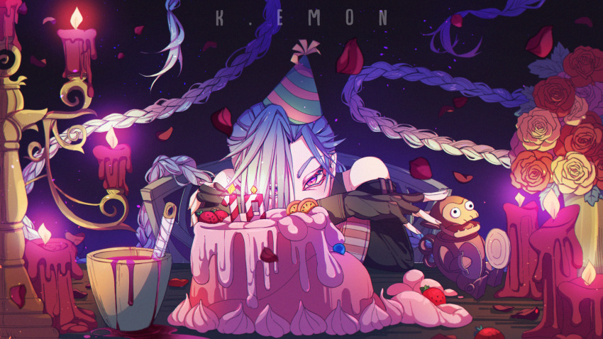 1girl, absurdly_long_hair, artist_name, bare_shoulders, birthday, birthday_cake, black_gloves, blue_hair, cake, candelabra, candle, candlestand, chair, eyelashes, film_grain, fingerless_gloves, fingernails, fire, flower, food, fruit, gloves, half-closed_eyes, hat, highres, icing, jinx_(league_of_legends), kemon, league_of_legends, long_eyelashes, long_hair, looking_at_viewer, melting, nail_polish, orange_flower, orange_rose, party_hat, petals, pink_nails, purple_eyes, purple_flower, purple_rose, red_flower, red_rose, rose, sitting, slit_pupils, solo, spilling, strawberry, striped_clothes, striped_headwear, table, toy, twintails, very_long_hair, yellow_flower, yellow_rose