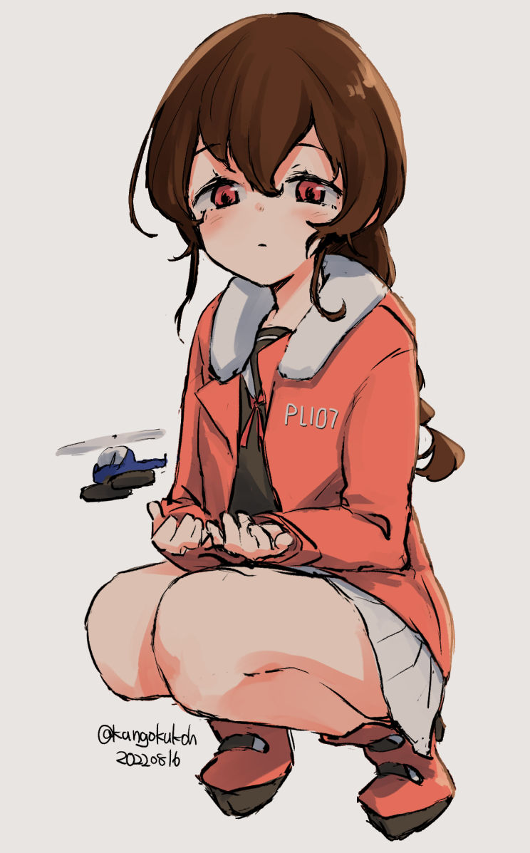 1girl, aircraft, boots, braid, brown_hair, brown_shirt, dated, grey_background