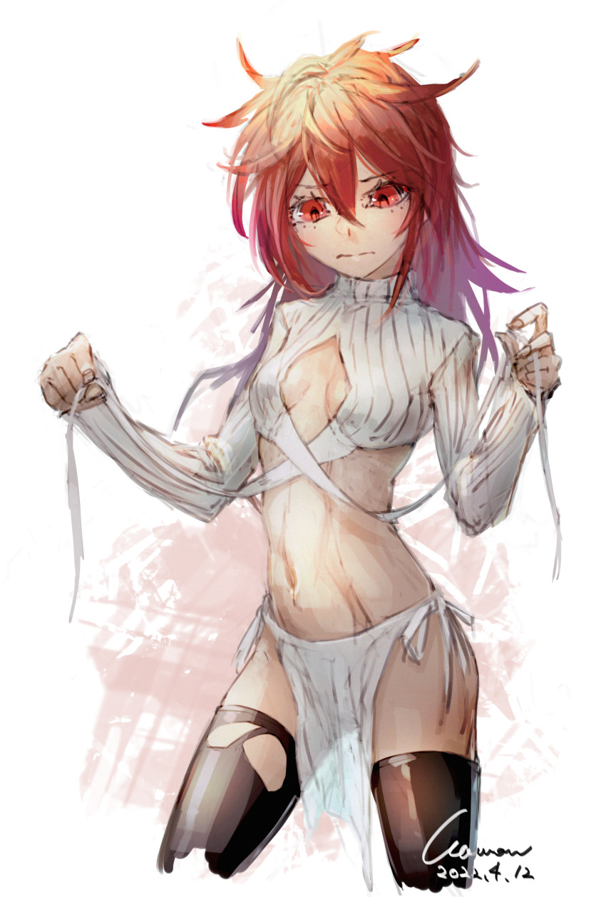 1girl, absurdres, black_thighhighs, blonde_hair, closed_mouth, dated, duel_monster, eyelashes