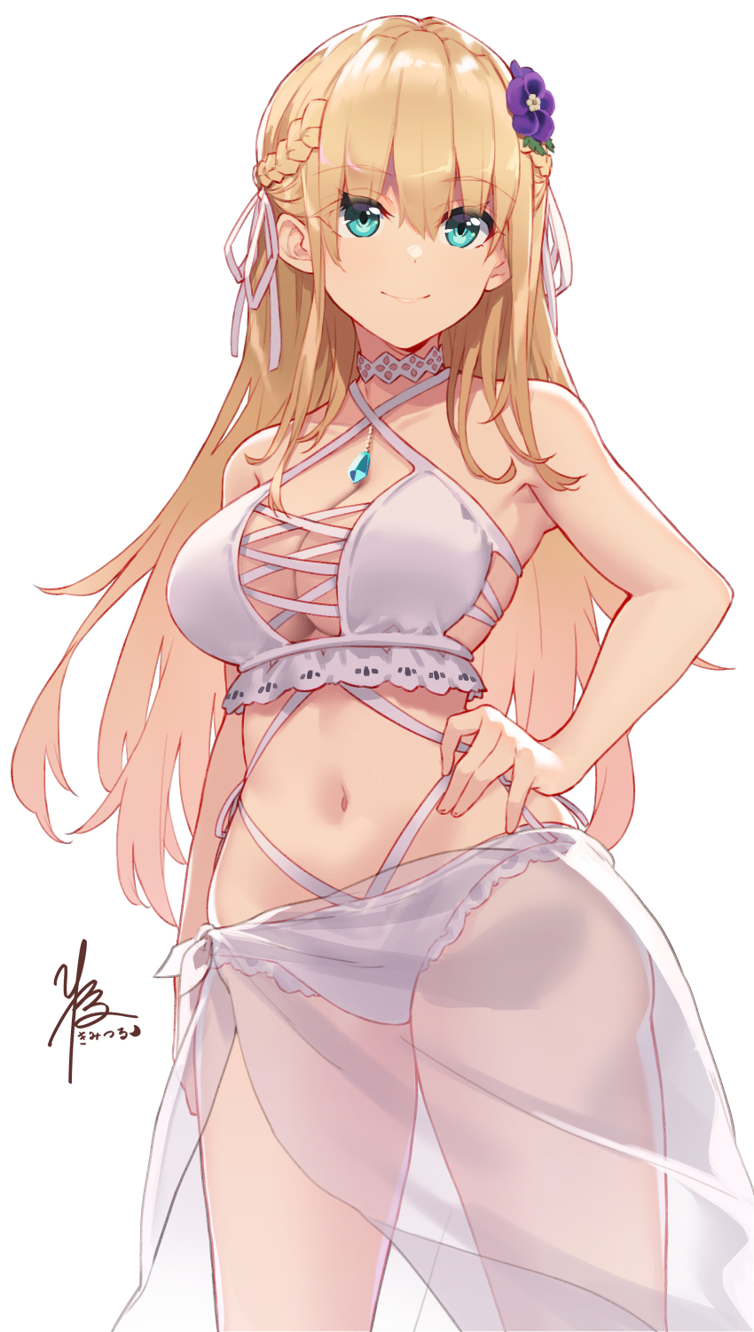 1girl, absurdres, aqua_eyes, bikini, blonde_hair, braid, breasts, character_request, cleavage, closed_mouth, criss-cross_halter, cross-laced_bikini, cross-laced_clothes, flower, hair_flower, hair_ornament, half_up_braid, halterneck, hand_on_own_hip, heaven_burns_red, highres, kimi_tsuru, large_breasts, long_hair, looking_afar, midriff, navel, see-through_clothes, simple_background, smile, solo, stomach, swimsuit, thighs, toujou_tsukasa, toujou_tsukasa_(midsummer_prayer), white_background, white_bikini