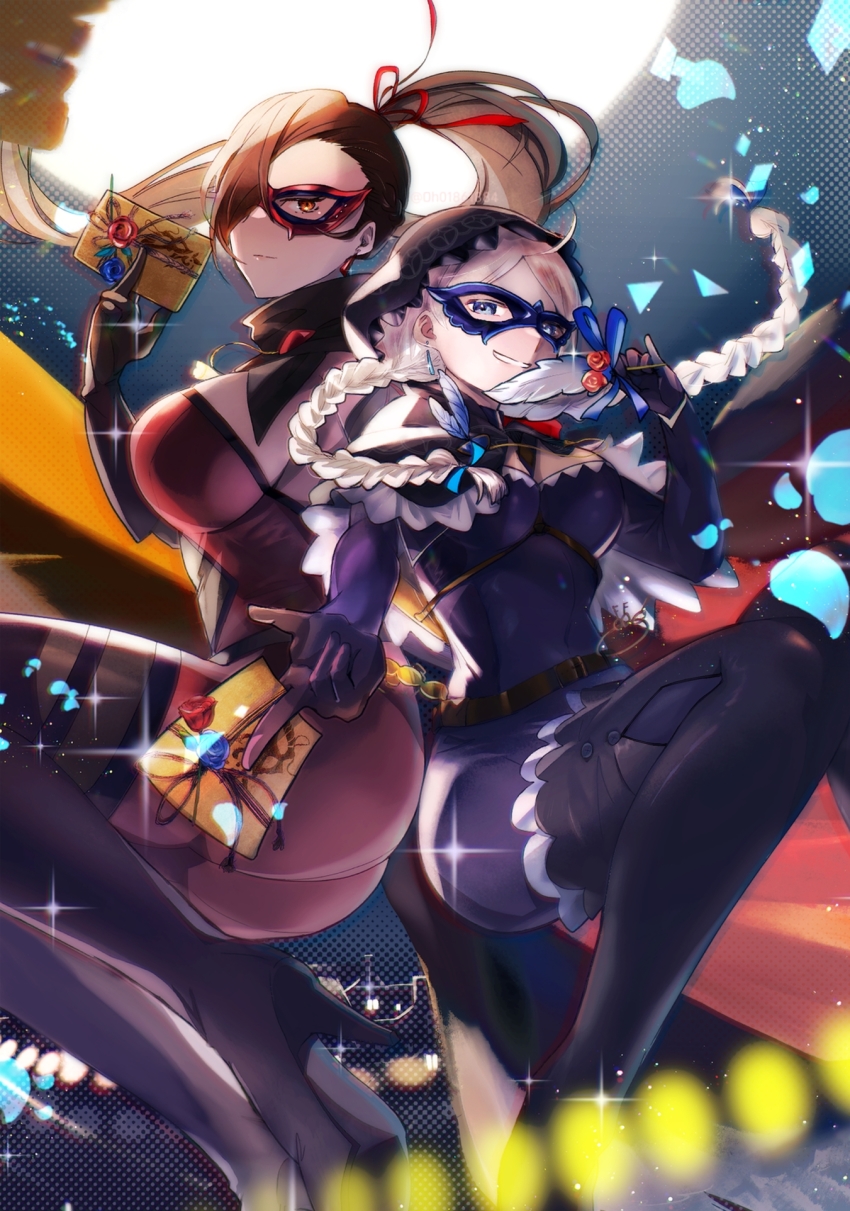 2girls, ahoge, arm_up, ass, backless_outfit, bag, belt, between_breasts, black_cape, black_footwear, black_gloves, blue_bodysuit, blue_eyes, bodysuit, boots, bow, bowtie, braid, breasts, brown_eyes, brown_hair, cape, card, chain, chest_harness, cleavage, coin, commentary_request, covered_navel, earrings, fire_emblem, fire_emblem_fates, fire_emblem_heroes, full_body, full_moon, gloves, gold_coin, hair_over_one_eye, harness, high_heel_boots, high_heels, highres, hood, hood_up, hooded_cape, jewelry, kagero_(fire_emblem), kagero_(thief)_(fire_emblem), key, keyring, large_breasts, leather_bag, leather_belt, long_hair, long_sleeves, looking_away, low_twintails, mask, medium_breasts, moon, moonlight, multiple_girls, night, nina_(fire_emblem), nina_(thief)_(fire_emblem), nintendo, o-ring, official_alternate_costume, oh01861884, outstretched_arm, parted_bangs, parted_lips, ponytail, quill, red_cape, satchel, simple_background, skin_tight, smile, thigh_boots, twin_braids, twintails, two-tone_cape, white_background, white_hair, yellow_cape