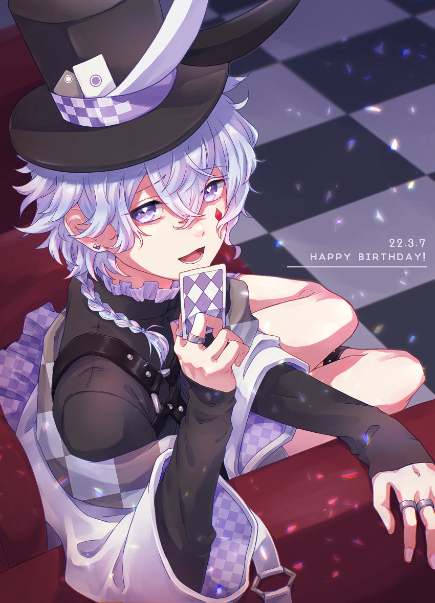 1boy, androgynous, between_fingers, black_hat, card, checkered_floor, couch, diamond_(shape)