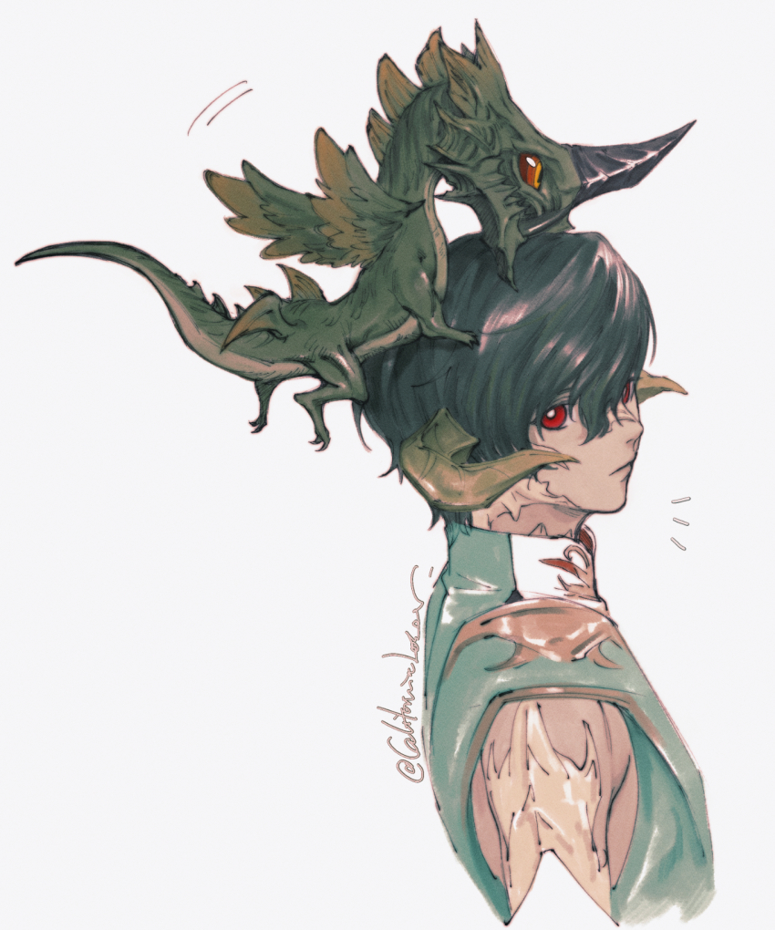 1boy, au_ra, caloserrr, colored_sclera, cropped_torso, dragon, dragon_horns, dragon_on_head, dual_persona, expressionless, feathered_wings, final_fantasy, final_fantasy_xiv, from_side, green_hair, hair_between_eyes, high_collar, highres, horns, looking_back, male_focus, minimized, motion_lines, orange_eyes, red_eyes, red_sclera, scales, short_hair, signature, simple_background, single_horn, square_enix, tail, tusks, twitter_username, undersized_animal, upper_body, varshahn, vrtra_(final_fantasy), white_background, wings