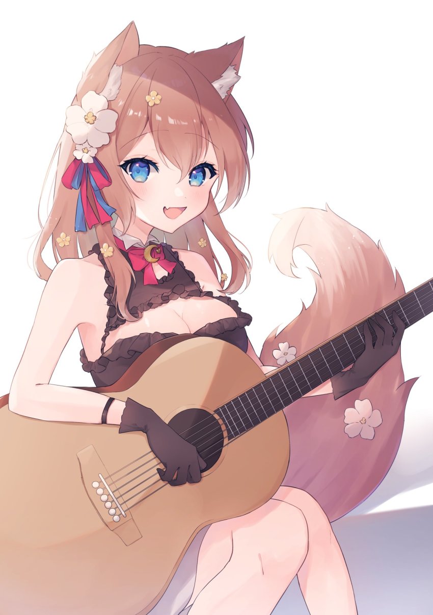 1girl, :d, acoustic_guitar, akuo_11, animal_ears, blue_eyes, blush, bracelet