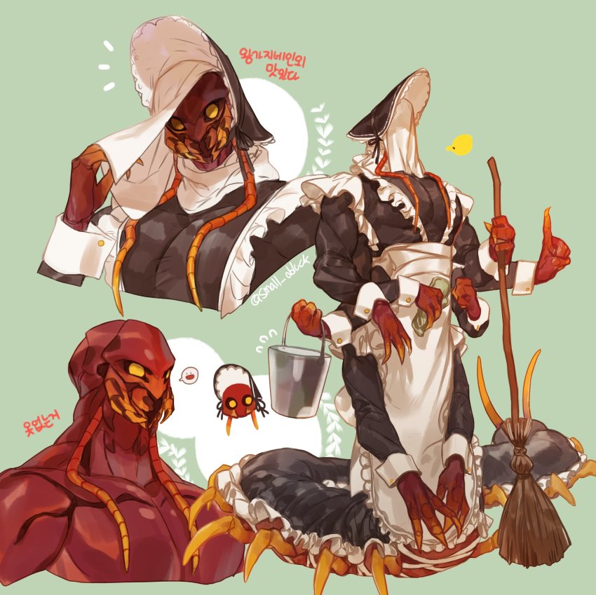 1boy, apron, arthropod_boy, arthropod_limbs, artist_name, black_dress, black_headwear, black_sclera