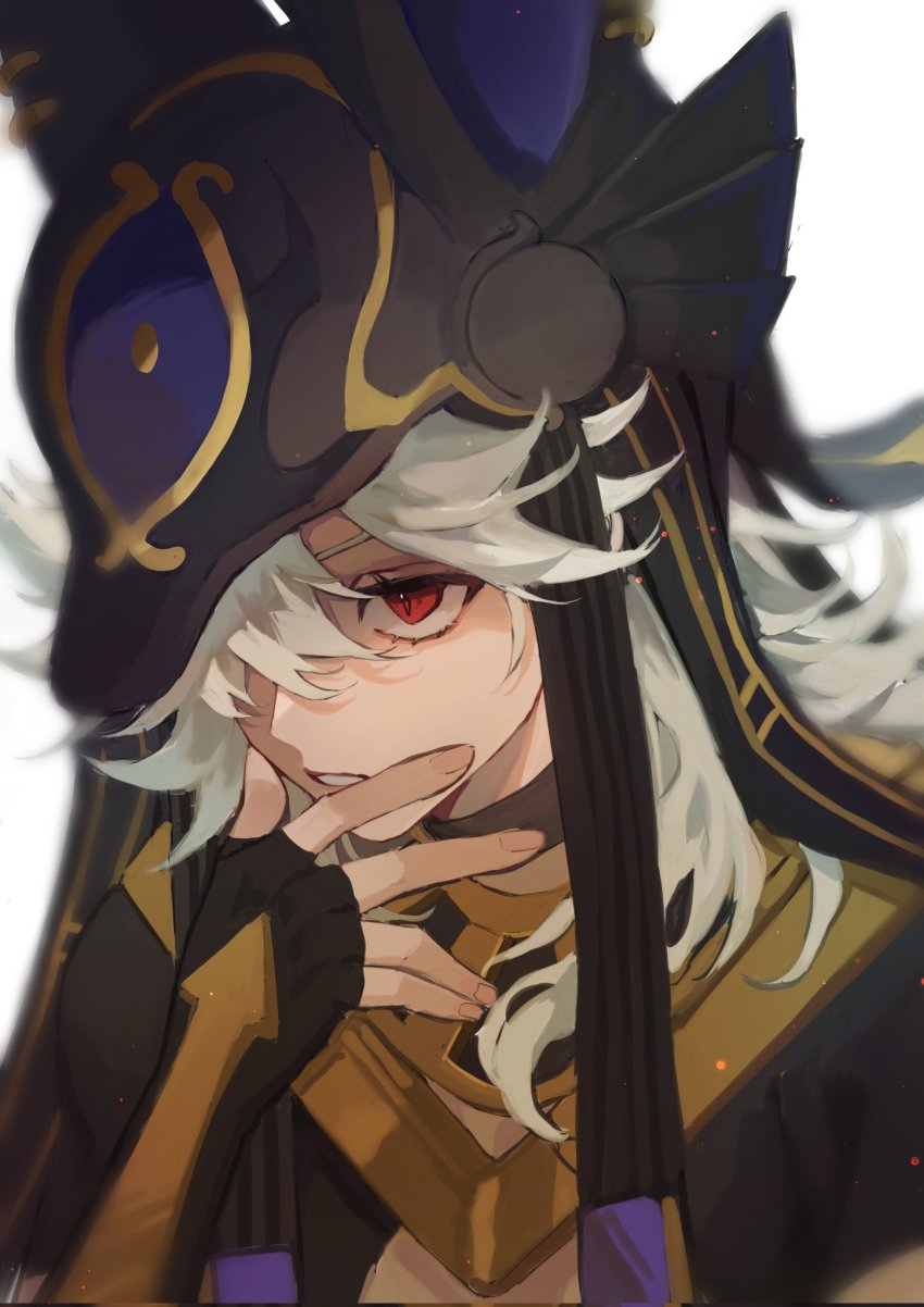 1boy, animal_ears, animal_hat, arabian_clothes, black_choker, black_gloves, black_hat, black_ribbon, choker, commentary, cyno_(genshin_impact), dark-skinned_male, dark_skin, english_commentary, eyelashes, fingerless_gloves, genshin_impact, gloves, grey_hair, hair_over_one_eye, hand_up, hat, highres, jackal_ears, light_particles, long_hair, looking_at_viewer, male_focus, mayu_mey, one_eye_covered, parted_bangs, parted_lips, red_eyes, ribbon, sidelocks, solo, upper_body, white_background