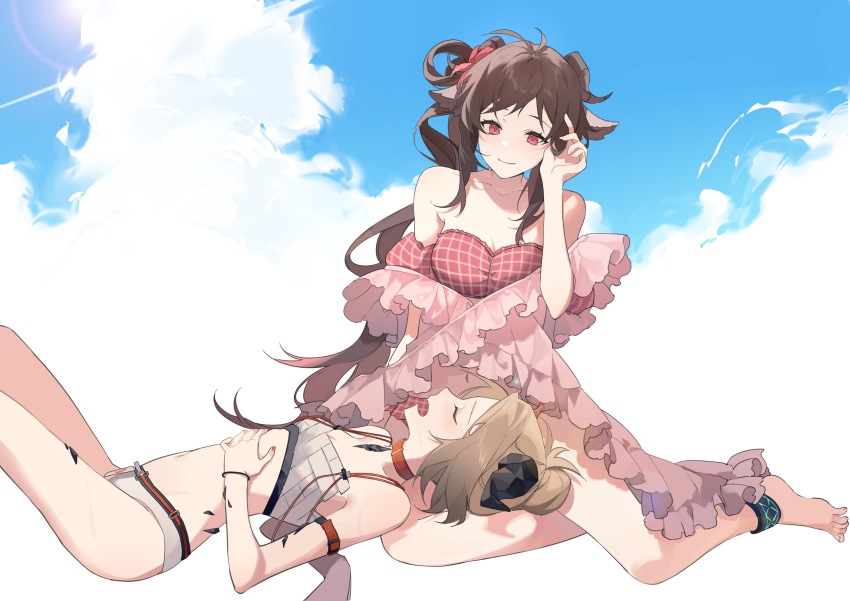 2girls, absurdres, arknights, azure_silan, bare_shoulders, barefoot, bikini, blue_sky