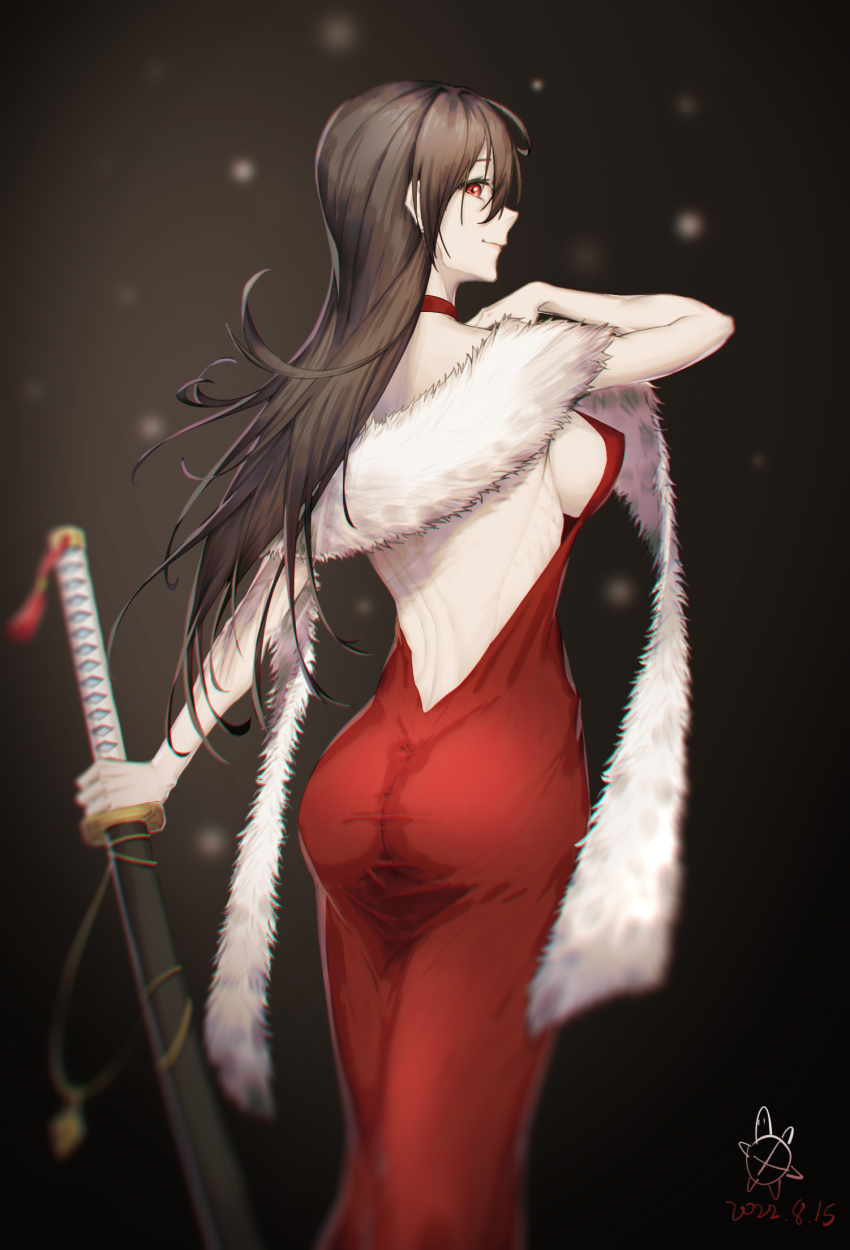 1girl, artist_logo, ass, back, backless_dress, backless_outfit, bare_arms, black_background, blurry, breasts, brown_hair, celine_(epic_seven), chinese_commentary, closed_mouth, commentary_request, dark_background, dated, dress, epic_seven, feet_out_of_frame, formal_clothes, from_behind, fur_scarf, gradient_background, guigui_(nwtj7322), halter_dress, halterneck, hand_up, highres, holding, holding_sword, holding_weapon, katana, legs_together, light_particles, light_smile, logo, long_dress, long_hair, looking_at_viewer, looking_back, medium_breasts, pale_skin, perky_breasts, profile, red_dress, red_eyes, ribs, scarf, sheath, sheathed, sideboob, sideways_glance, solo, standing, sword, taut_clothes, taut_dress, very_long_hair, weapon, white_scarf