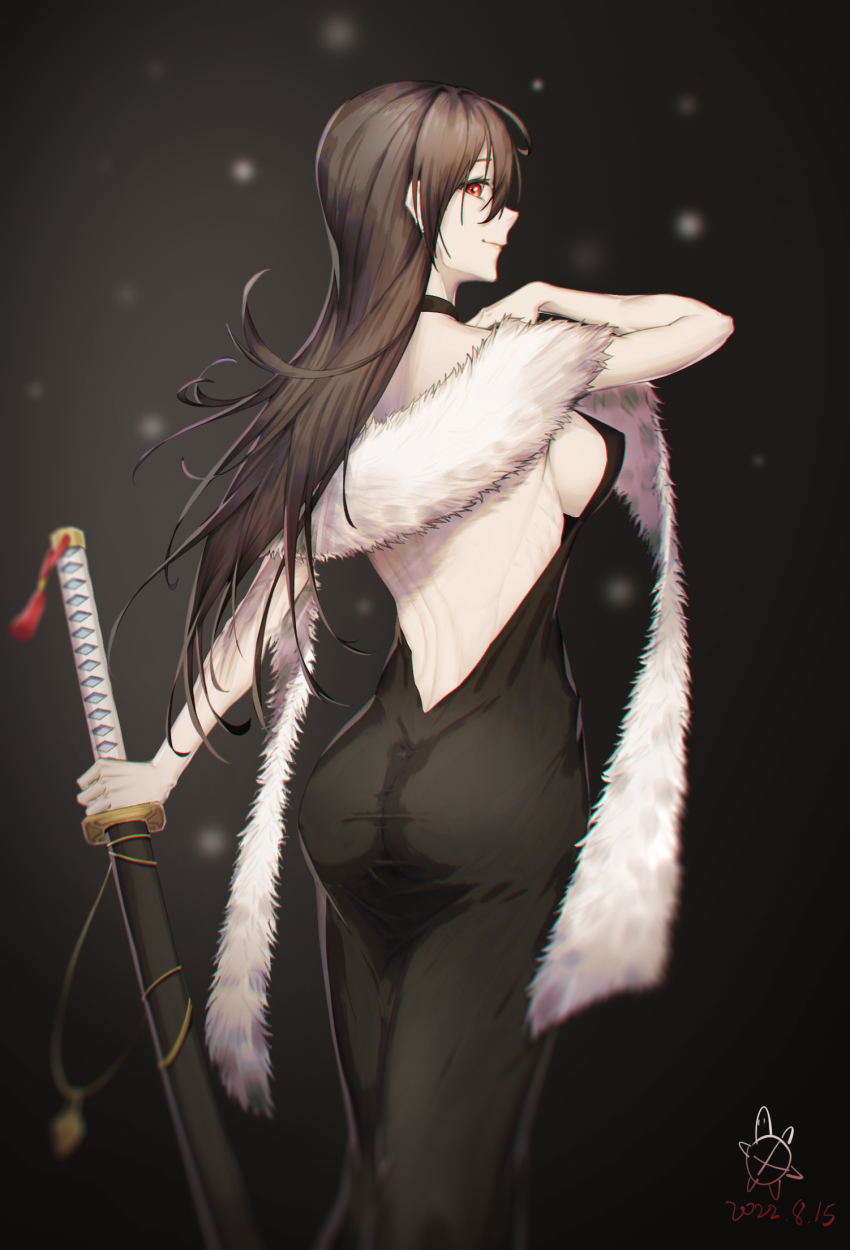 1girl, artist_logo, ass, back, backless_dress, backless_outfit, bare_arms, black_background, black_dress, blurry, breasts, brown_hair, celine_(epic_seven), chinese_commentary, closed_mouth, commentary_request, dark_background, dated, dress, epic_seven, feet_out_of_frame, formal_clothes, from_behind, fur_scarf, gradient_background, guigui_(nwtj7322), halter_dress, halterneck, hand_up, highres, holding, holding_sword, holding_weapon, katana, legs_together, light_particles, light_smile, logo, long_dress, long_hair, looking_at_viewer, looking_back, medium_breasts, pale_skin, perky_breasts, profile, red_eyes, ribs, scarf, sheath, sheathed, sideboob, sideways_glance, solo, standing, sword, taut_clothes, taut_dress, very_long_hair, weapon, white_scarf
