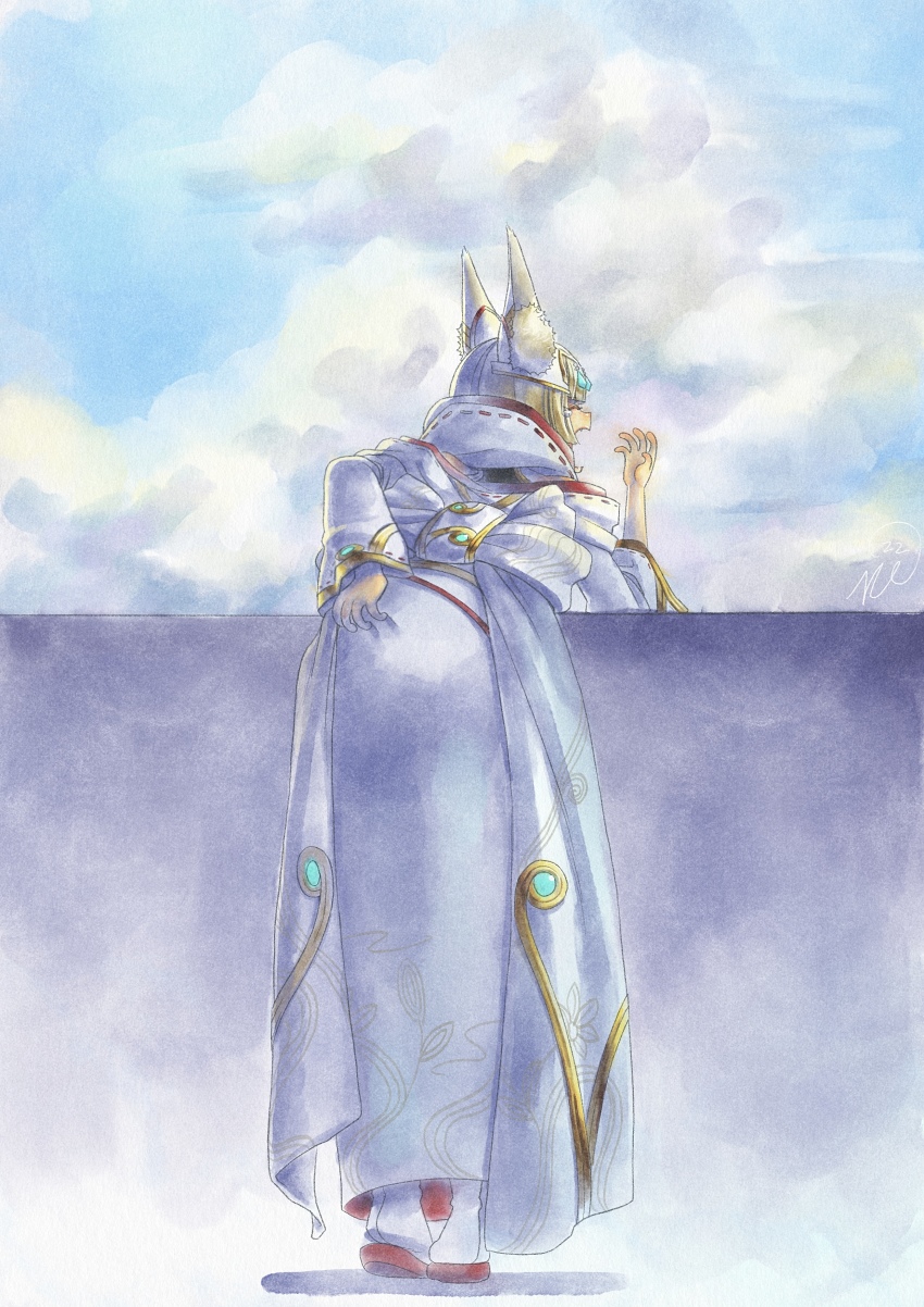 1girl, absurdres, against_railing, animal_ears, ass, blue_sky, cat_ears, dress, fang, from_behind, hair_ornament, highres, leaning_forward, limited_palette, morning, nia_(blade)_(xenoblade), nia_(xenoblade), railing, scratching_ass, sky, solo, tears, vvbert, xenoblade_chronicles_(series), xenoblade_chronicles_3, yawning