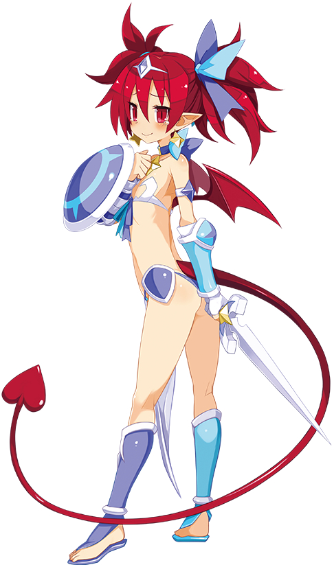 1girl, ass, asymmetrical_footwear, blush, choker, demon_girl, demon_tail, demon_wings, disgaea, disgaea_rpg, earrings, etna_(disgaea), flat_chest, full_body, gauntlets, headpiece, holding, holding_shield, holding_sword, holding_weapon, jewelry, long_hair, mismatched_footwear, non-web_source, official_art, photoshop_(medium), red_eyes, red_hair, red_tail, red_wings, saint_etna_(beach)_(disgaea), saint_etna_(disgaea), shield, simple_background, slit_pupils, smile, solo, standing, sword, tail, tears, toeless_footwear, twintails, very_long_tail, weapon, white_background, wings
