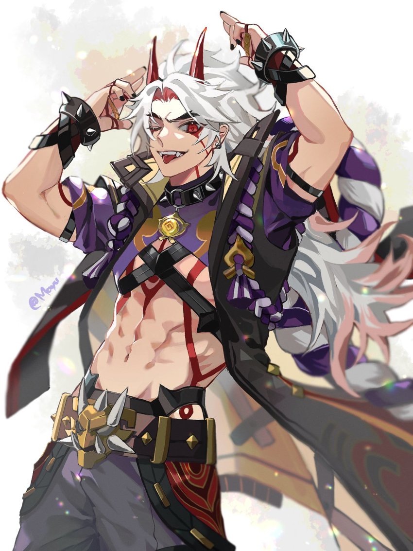 abs, arataki_itto, arms_up, artist_name, belt, belt_buckle, black_belt, black_coat