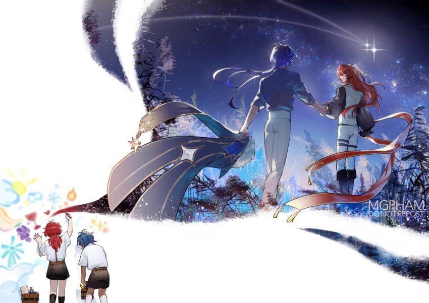 2boys, aged_down, arm_up, artist_name, belt, bent_over, black_shirt, black_shorts