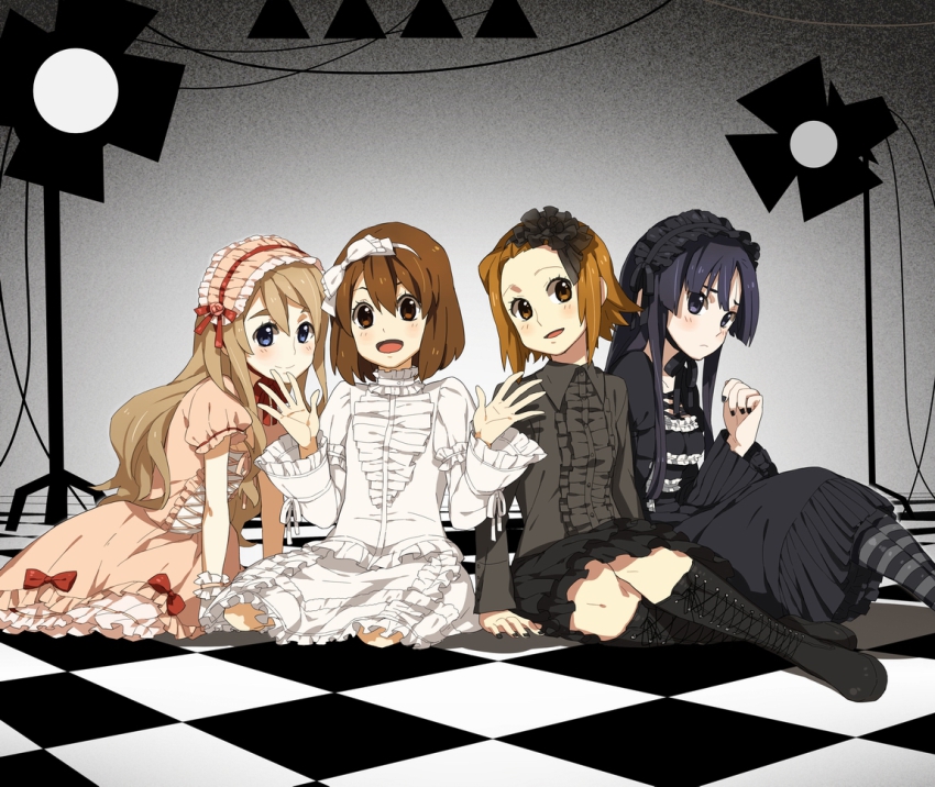 4girls, akiyama_mio, bad_id, bad_pixiv_id, black_eyes, black_hair, blonde_hair, blue_eyes