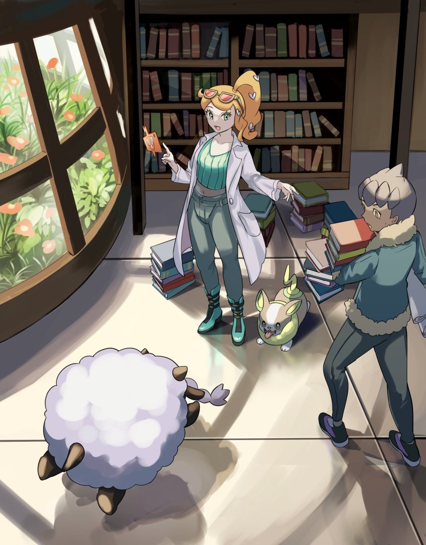 1boy, 1girl, black_pants, book, bookshelf, boots, commentary_request, dark-skinned_male, dark_skin, eyewear_on_head, fur-trimmed_jacket, fur_trim, gen_4_pokemon, gen_8_pokemon, green_eyes, green_footwear, green_shirt, hair_ornament, heart, heart_hair_ornament, highres, holding, holding_book, hop_(pokemon), indoors, jacket, lab_coat, long_hair, nintendo, nmn_0, orange_hair, pants, pokemon, pokemon_(creature), pokemon_sword_and_shield, ribbed_shirt, rotom, rotom_phone, shirt, shoes, short_hair, side_ponytail, sonia_(pokemon), standing, sunglasses, wooloo, yamper, yellow-framed_eyewear