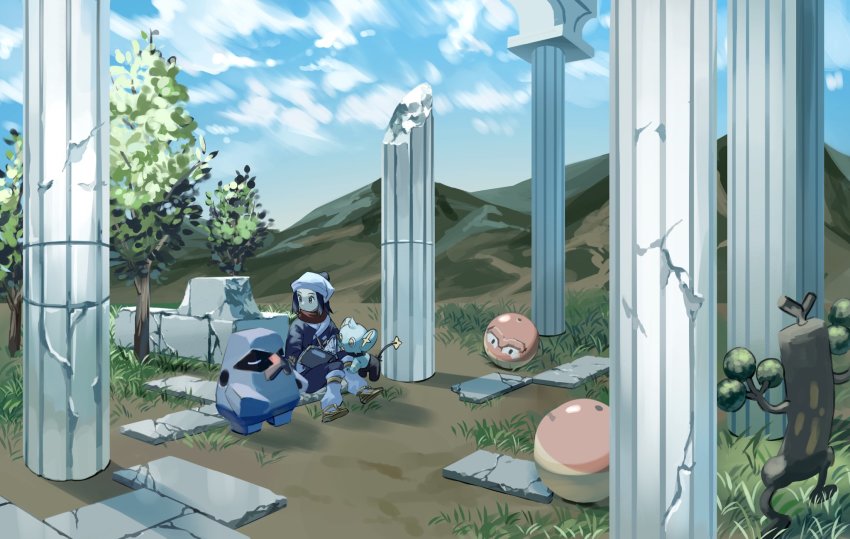 1girl, akari_(pokemon), black_hair, brown_footwear, cloud, commentary_request, crack, day