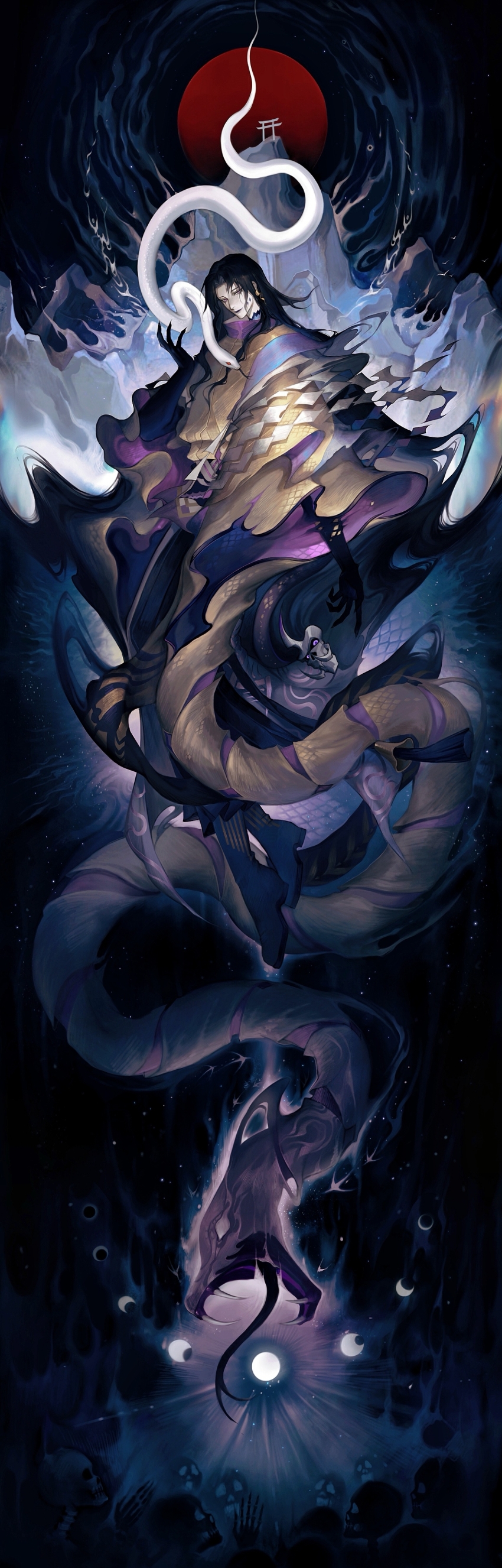 1boy, 6+others, absurdres, animal, black_hair, black_skin, blank_eyes, boots, colored_skin, dissolving_clothes, earrings, facial_mark, floating_hair, hair_over_one_eye, hand_up, highres, huli_xiaobai, japanese_clothes, jewelry, kariginu, long_hair, looking_at_viewer, male_focus, mask, unworn_mask, moon_phases, mountain, multicolored_skin, multiple_others, night, onmyoji, open_mouth, orochi_(onmyoji), outdoors, oversized_animal, parted_bangs, praying, purple_eyes, reaching, red_eyes, red_sun, scales, shide, skeleton, smile, smoke, snake, solo_focus, tassel, tongue, tongue_out, torii, turtleneck, white_hair