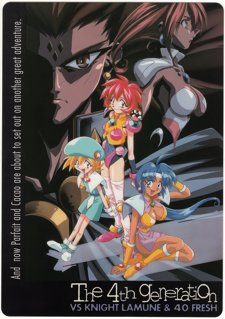 1990s_(style), 1boy, 4girls, arm_behind_head, arm_up, armor, blonde_hair, blue_eyes