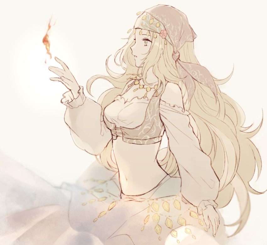 1girl, blonde_hair, breasts, cleavage, cowboy_shot, dancer, fire, jewelry