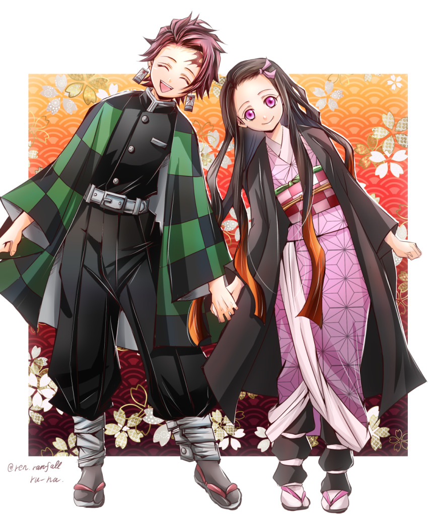 1boy, 1girl, :d, belt, belt_buckle, black_hair, black_jacket, black_pants, border, brother_and_sister, brown_hair, buckle, checkered_haori, closed_eyes, closed_mouth, facing_viewer, gradient_hair, grey_belt, grey_socks, hair_ribbon, haori, highres, holding_hands, jacket, japanese_clothes, kamado_nezuko, kamado_tanjirou, kimetsu_no_yaiba, kimono, long_hair, long_sleeves, looking_at_viewer, multicolored_hair, obi, open_mouth, outside_border, pants, pink_eyes, pink_kimono, pink_ribbon, print_kimono, ribbon, runa_(ren_rainfall), sash, siblings, smile, socks, tabi, twitter_username, very_long_hair, white_border, white_socks