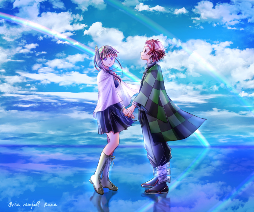 1boy, 1girl, black_jacket, black_pants, black_skirt, blue_sky, boots, butterfly_hair_ornament