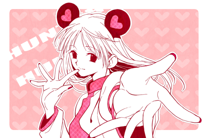 16_ban, 1girl, copyright_name, hair_ornament, heart, hunter_x_hunter, long_hair, long_sleeves