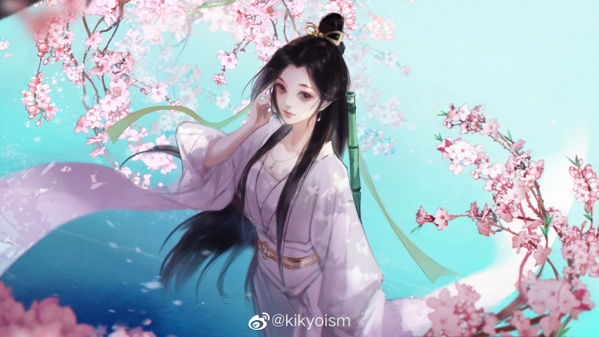 1girl, absurdres, bamboo, black_hair, branch, cherry_blossoms, chinese_clothes, closed_mouth