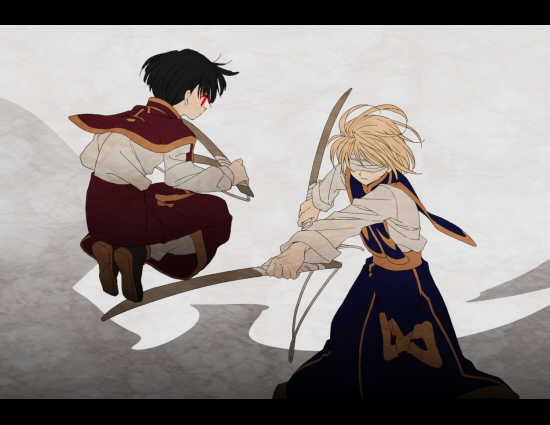 16_ban, 2boys, ankle_boots, bandaged_head, bandages, battle, black_hair, blonde_hair