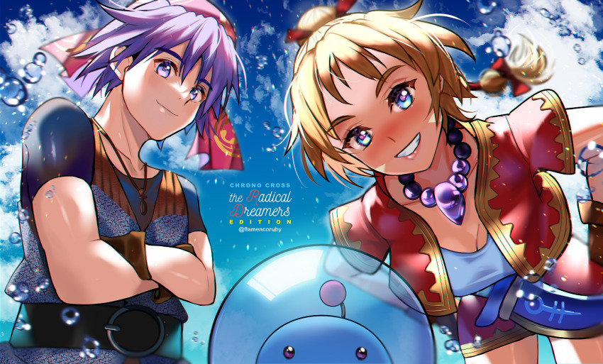 1boy, 1girl, 1other, alien, antennae, armor, bandana, bead_necklace