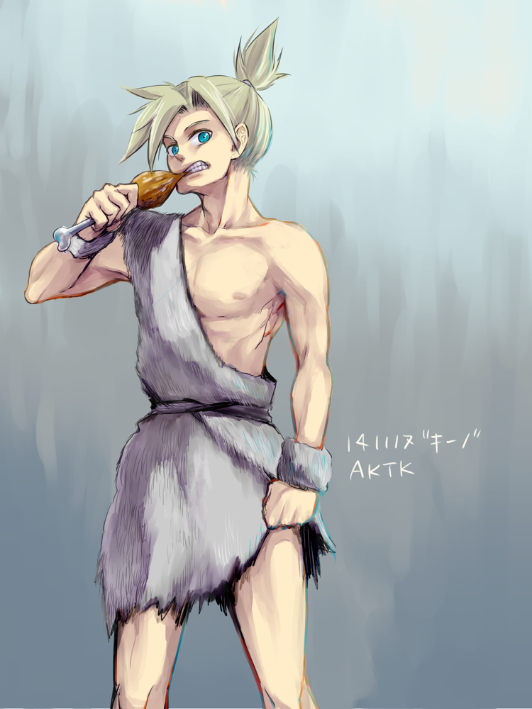 1boy, akitaka_(s_asai), blonde_hair, blue_eyes, boned_meat, caveman, chrono_trigger, clenched_teeth