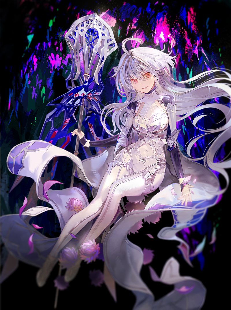 1girl, ahoge, braid, breasts, daeraeband, dress, fate/grand_order, fate_(series), gloves, hair_ribbon, half_gloves, lady_avalon_(fate), lady_avalon_(third_ascension)_(fate), long_hair, long_sleeves, looking_at_viewer, medium_breasts, merlin_(fate/prototype), merlin_(swimsuit_pretender)_(third_ascension)_(fate/prototype), pantyhose, purple_eyes, ribbon, smile, solo, staff, very_long_hair, white_dress, white_gloves, white_hair, white_pantyhose