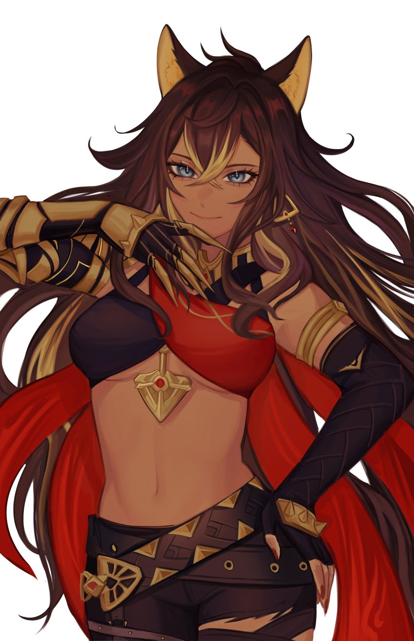 1girl, absurdres, animal_ear_fluff, animal_ears, arm_up, blue_eyes, breasts, brown_hair