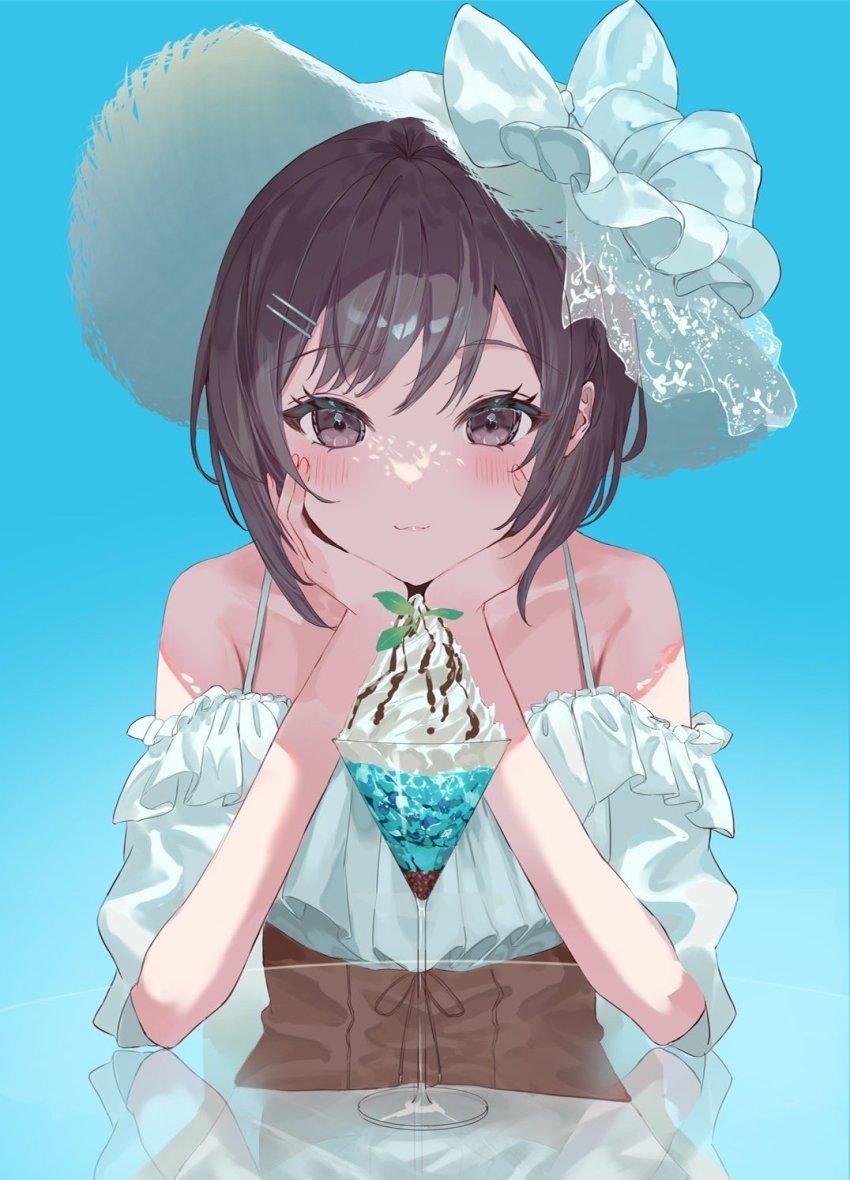 1girl, bare_shoulders, blue_background, blue_bow, blue_sky, blush, bow, brown_eyes