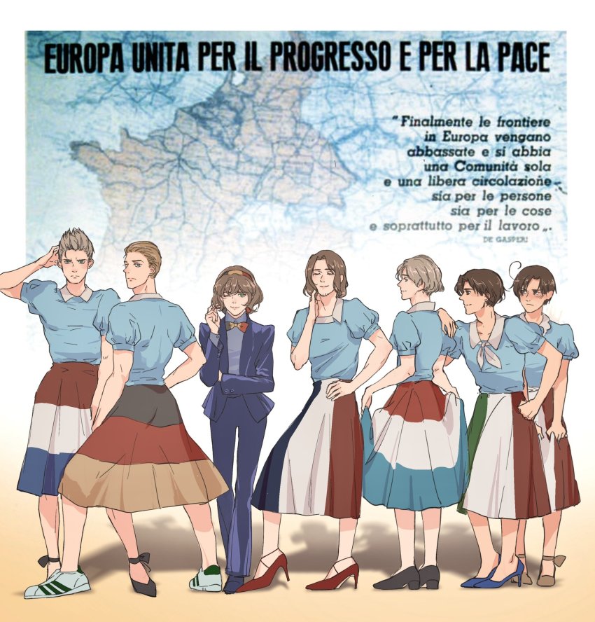 1girl, 6+boys, arm_behind_head, axis_powers_hetalia, belgium_(hetalia), black_footwear, blonde_hair, blue_eyes